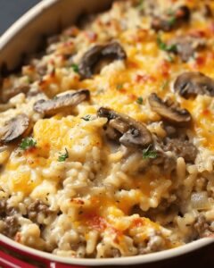 Cheesy Beef And Mushroom Rice Bake Recipe