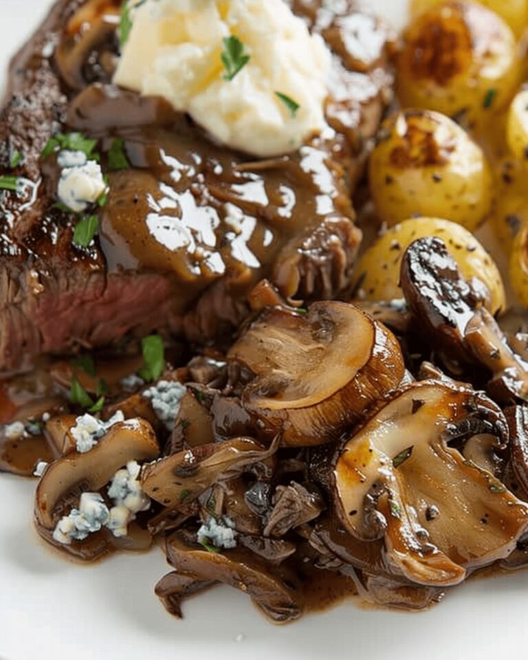 Sizzling Steak with Drunken Mushrooms & Roasted Blue Cheese Potatoes Recipe