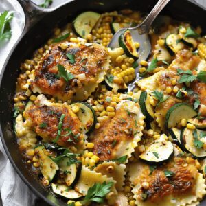 Succulent Garlic Butter Chicken With Zucchini, Corn, And Ravioli Recipe