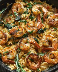 Succulent Shrimp and Orzo with Spinach and Artichokes Recipe