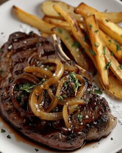 Ribeye Steak With Caramelized Onions And Crispy Fries Recipe