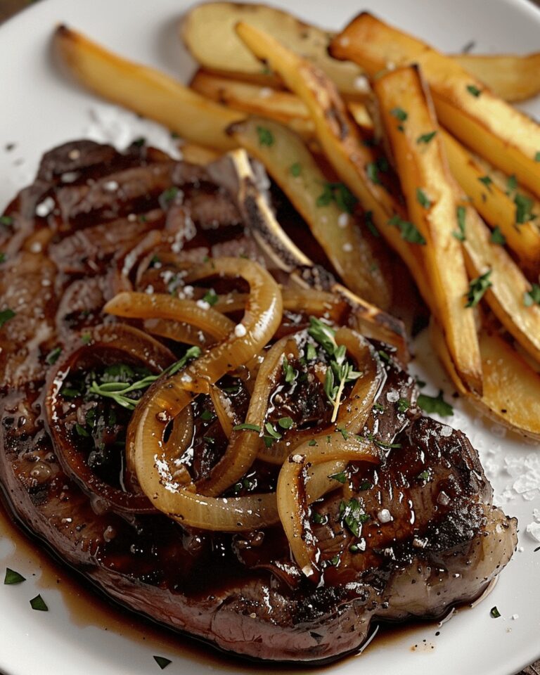 Ribeye Steak With Caramelized Onions And Crispy Fries Recipe