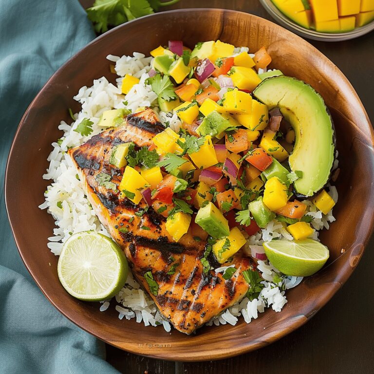 Grilled Lime Salmon With Avocado-Mango Salsa And Coconut Rice Recipe