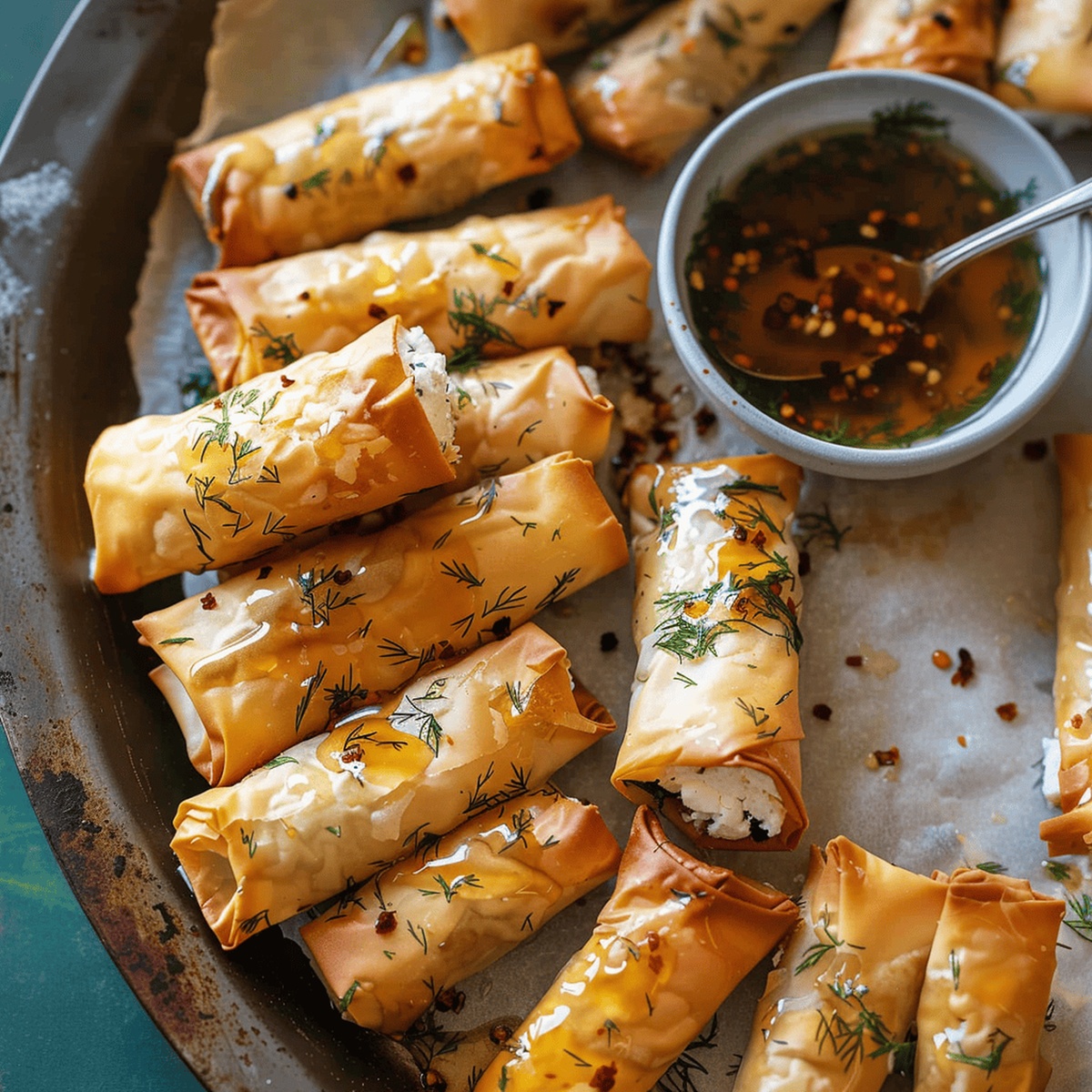 Oven Fried Feta Rolls With Chili Honey Recipe