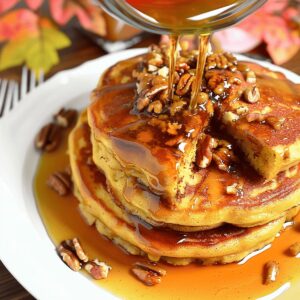 Fluffy Pumpkin Pancakes with Cinnamon Pecan Syrup Recipe