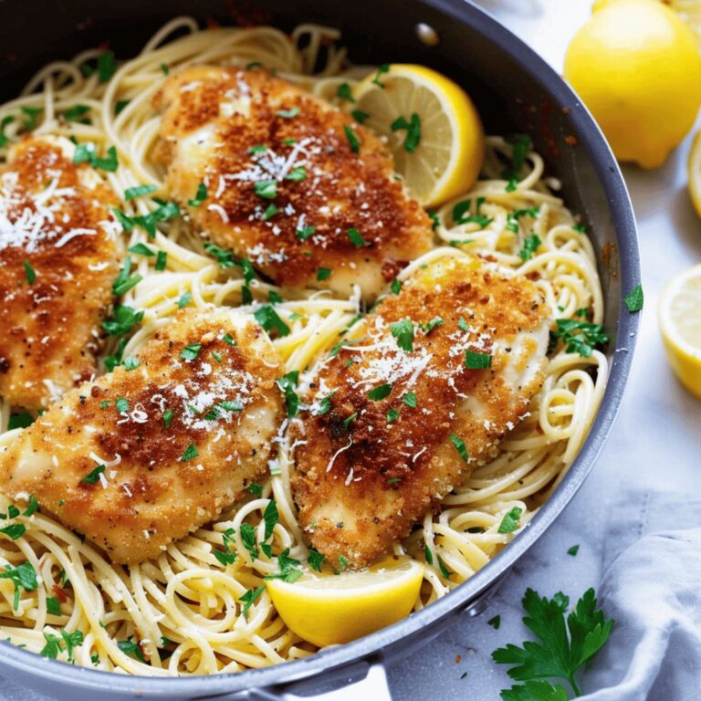 Crispy Parmesan Chicken Over Creamy Lemon Garlic Pasta Recipe