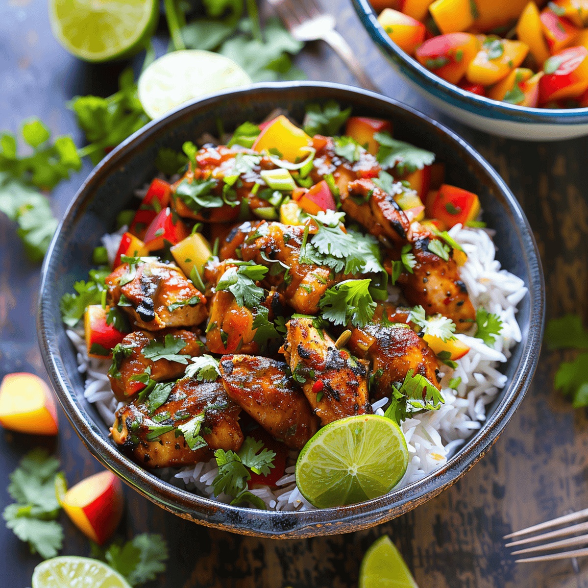 Tantalizing Cilantro-Lime Chicken Bowls With Peach Salsa Recipe